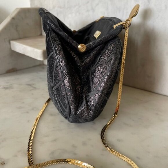 JUDITH LIEBER Vintage Minaudière Black Metallic Suede Gemstone Clasp Purse - Picture 14 of 17